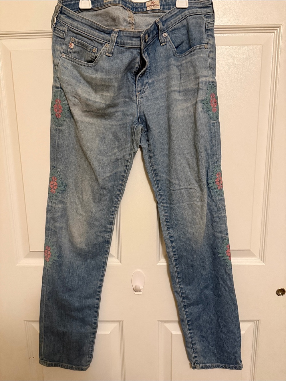 Ag Adriano Goldschmied Light Blue Slim Straight Jeans with Floral Embroidery